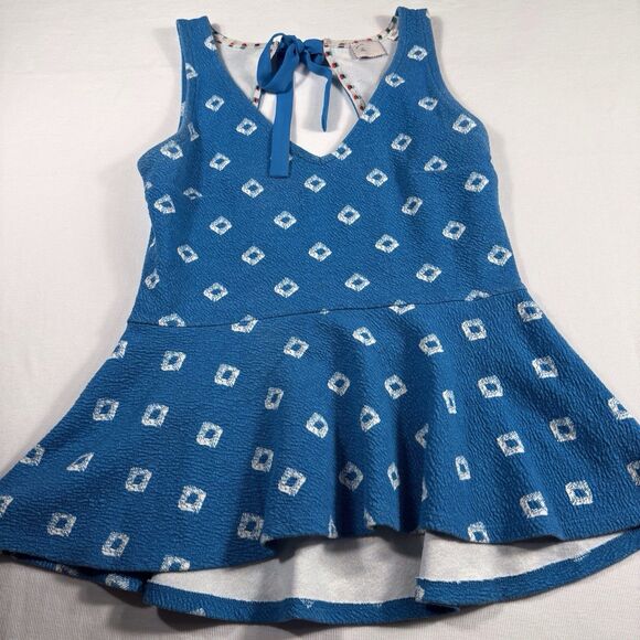 Anthropologie Top‎ Postmark Blue Teal Peplum Sleeveless Bow Size Small Festival - Picture 1 of 13